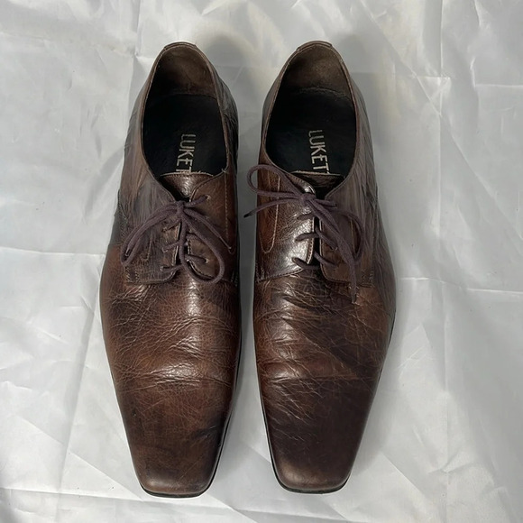 LUKETTI Mens Squared Pointed Toe Grain Leather Oxford Shoes Lace Up Brown 44 - Picture 7 of 14